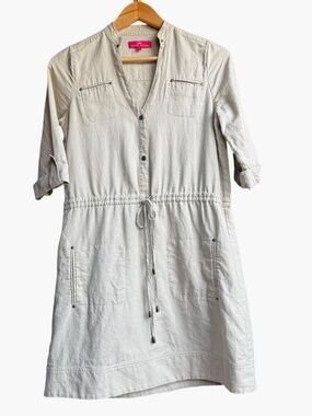 Elaine Turner Khaki V Neck Cinched Waist Dress Sz S